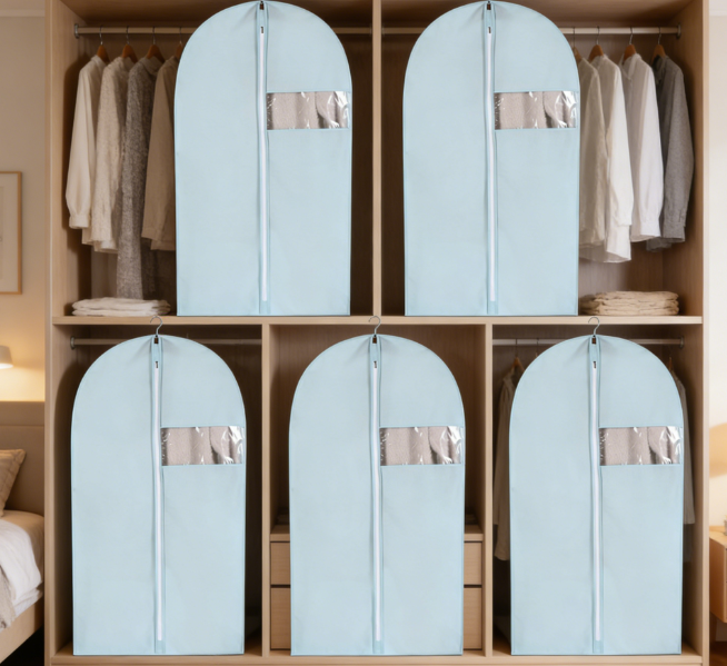 5-Pack Two-Tone Non-woven Fabric Garment Bags (Purple/Blue 47-cm) | Full zippered transparent window, dustproof and breathable