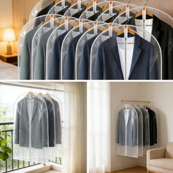 12-Pack 40-cm Fully Transparent PP Plastic Suit Bags | Zippered and Waterproof, For Jackets and Shirts