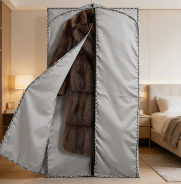 60" Luxury Fur Coat Cotton Blend Cloth Garment Bags for Travel & Hanging Clothes (Grey - Houndstooth Trim) - Suit Covers Garment Bag for Men & Women Dress Bag - Closet Storage Suit Bag, Coat Storage