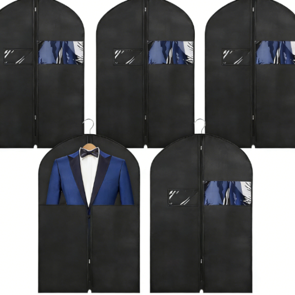 5-Pack 43-cm Black Suit Bags | With Transparent Window and Name Tag, Car Travel Storage